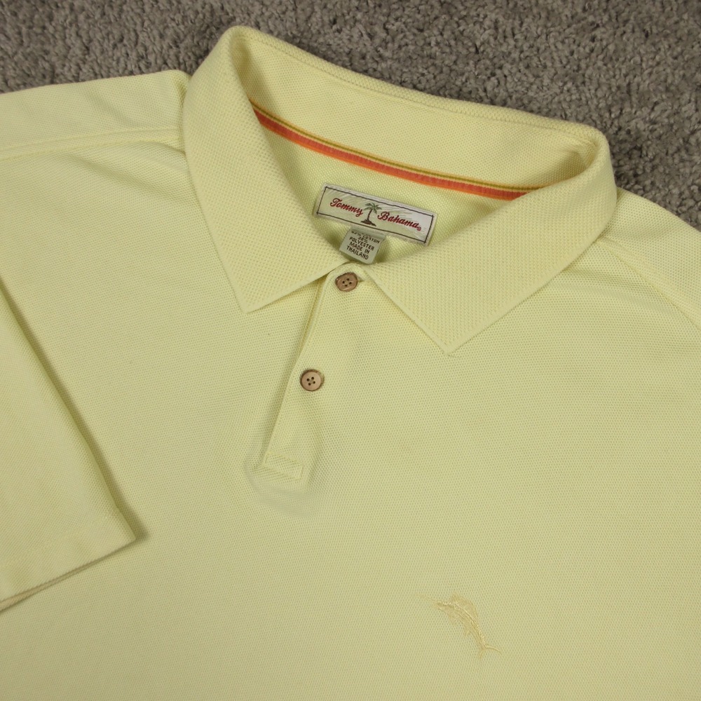 Tommy Bahama Shirt Mens 2XL Yellow Solid Pique Knit Marlin Logo Golf Tennis EUC